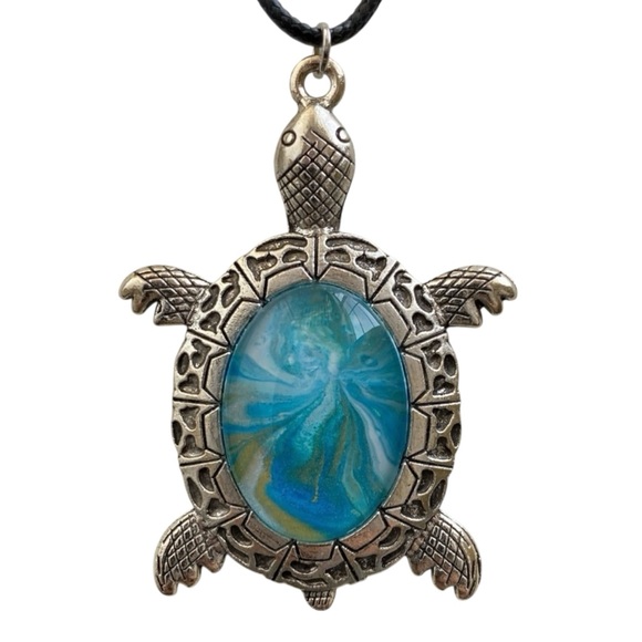 Hand Crafted Jewelry - Handmade Turtle Pendant Necklace Blue Ocean Fluid Art Cabochon by Svetlana Yeung